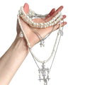 Layered Pearl and Crystal Cross Pendant Necklace Jewelry view 5