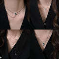 Silver Bead Y Lariat Necklace Green Teardrop Crystal Halo view 1