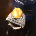 Gold Pearl and Layered Crystal Curve Ring With Clear Crystal Accents view 2