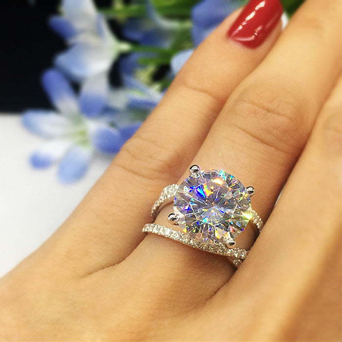 Oversized Round Clear Solitaire Double-Rail Ring Silver Tone