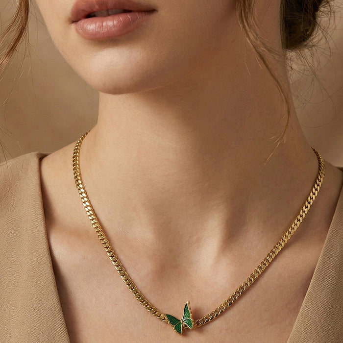 Green Enamel Butterfly Curb Chain Necklace Gold Tone