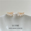 Gold Curved Pearl Clear Crystal Cluster Stud Earrings view 4