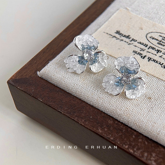 Silver Tone Crystal Flower Stud Earrings Blue Gradient