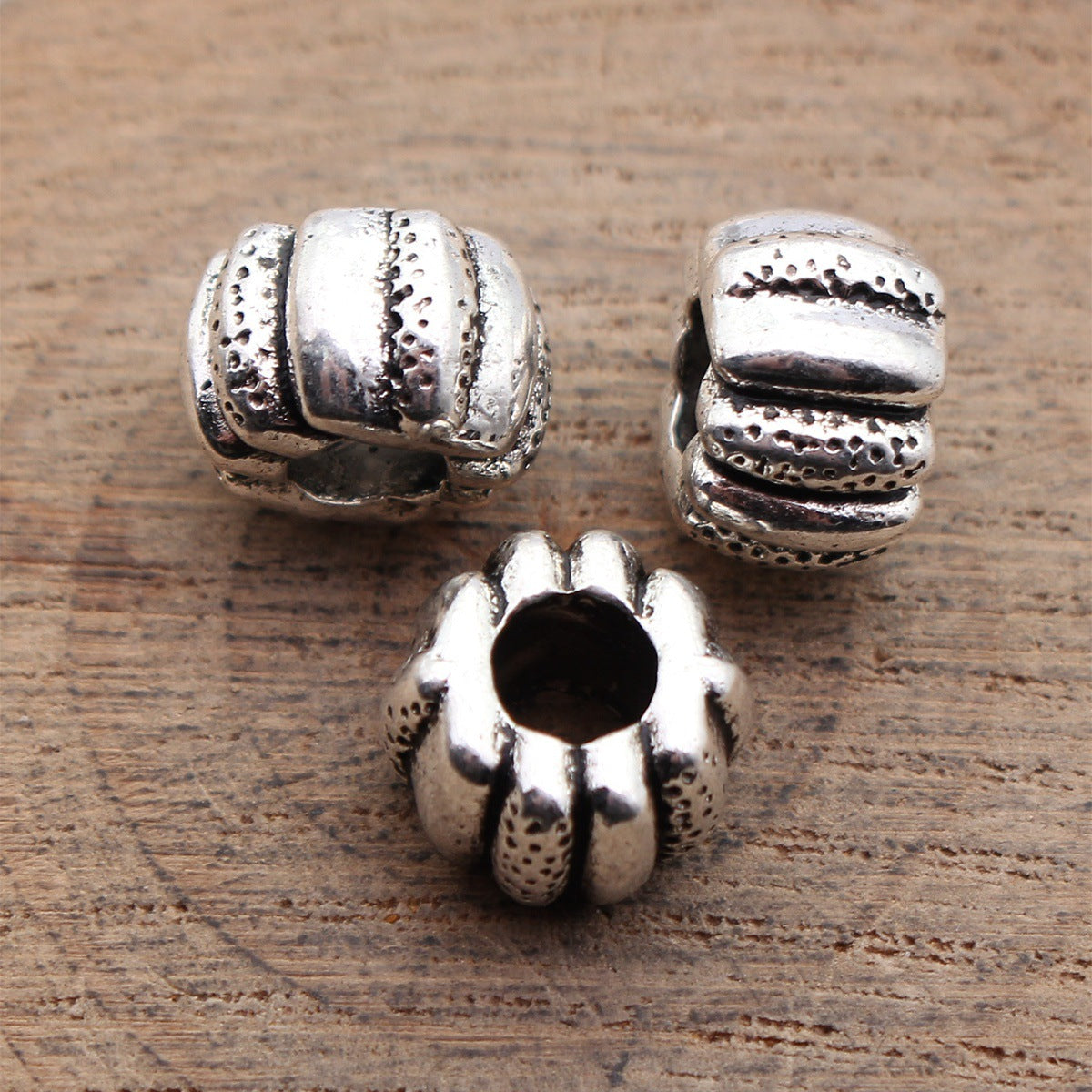 12x12x8mm 3.6g Antique Silver Zinc Alloy Pumpkin Texture Large Hole Spacer Beads for Bracelet Making