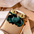 Green Crinkled Petal Gold Oval Long Dangle Stud Earrings view 4