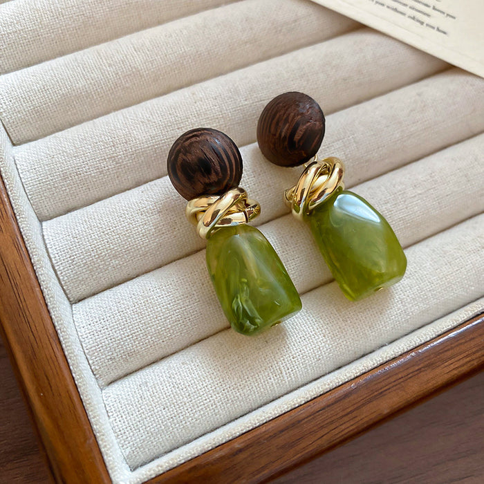 Wood Stud Resin Drop Earrings in Brown and Green Jewelry Accessory