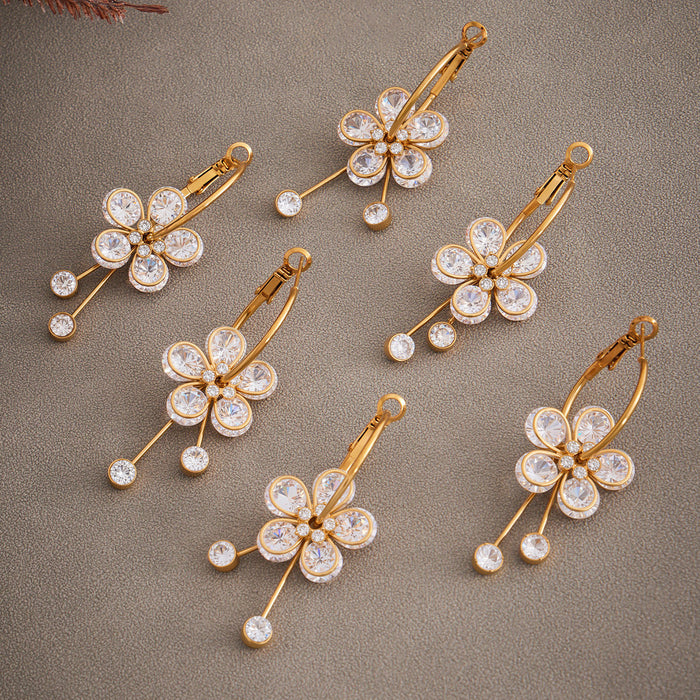 Crystal Five Petal Flower Drop Earrings in Three Metal Finishes