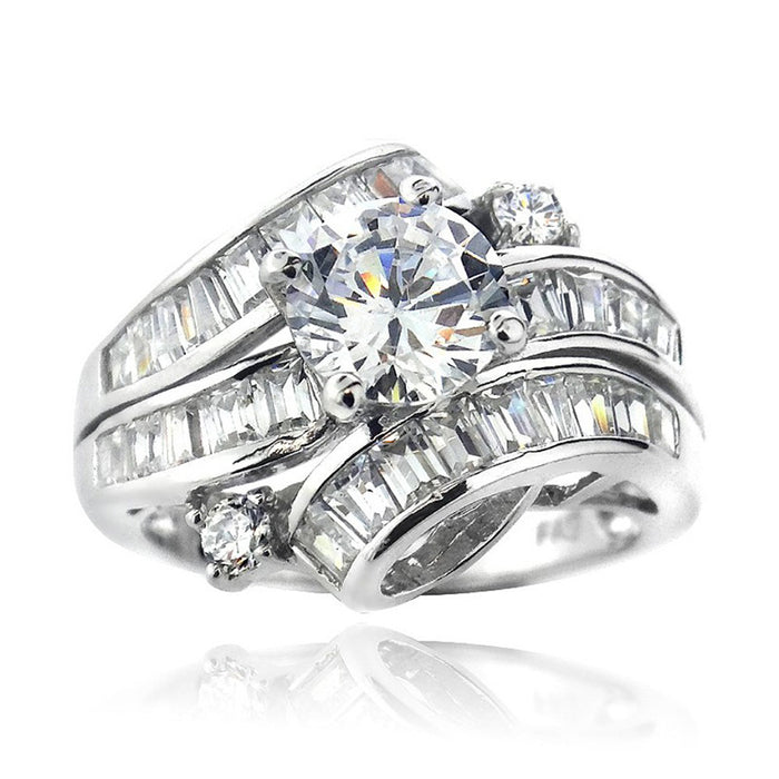 White Metal Bypass Round Center Baguette Cocktail Ring Alloy