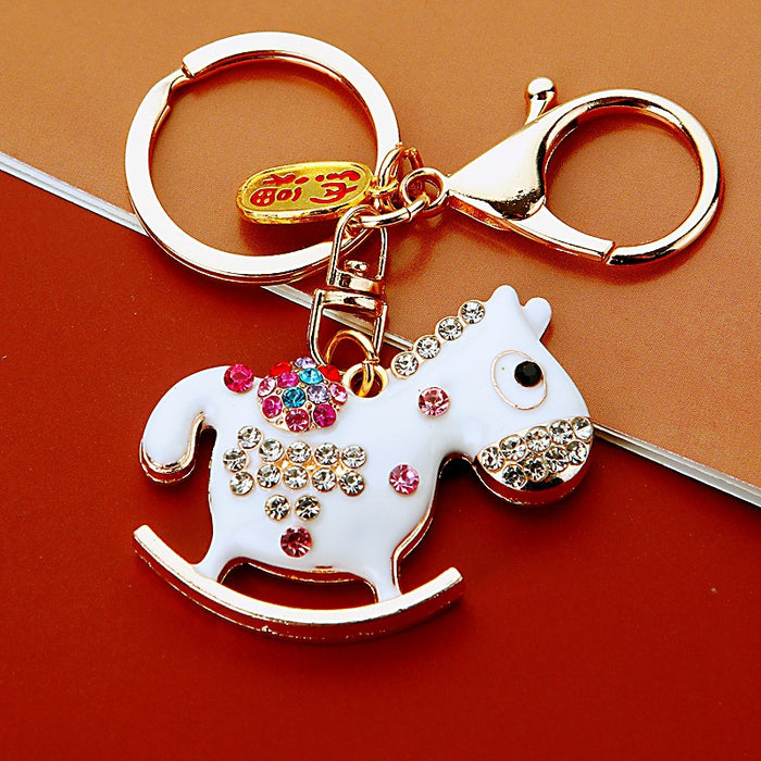 Jeweled Rocking Horse Keychain with Red Enamel and Gold Tone Hardware