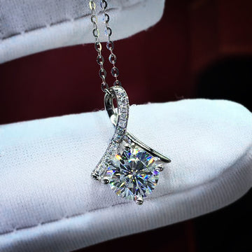 Silver Tone Round CZ Four Prong Curved Bail Pendant Necklace
