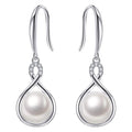 Silver Tone Infinity Cross Pearl Drop Hook Earrings view 1