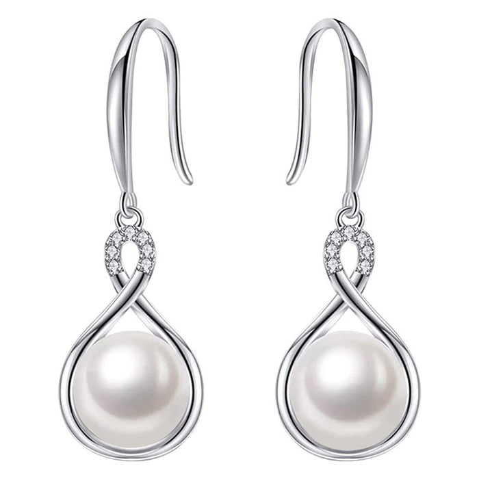 Silver Tone Infinity Cross Pearl Drop Hook Earrings