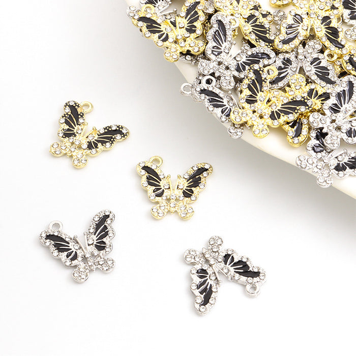 Black Enamel Crystal Butterfly Charms in Gold and Silver Tones