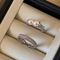 Silver Open Ring Set Double Pearl and Pave Band 2 Pcs view 2