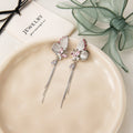 Silver Pink Butterfly Twin Chain Tassel Stud Earrings view 2