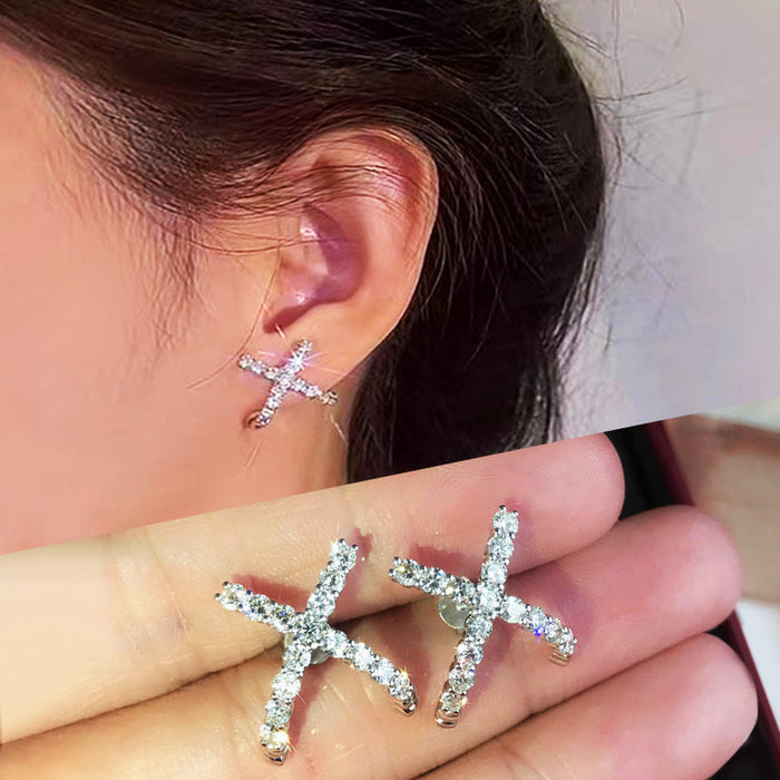 Silver X Cross Pavé CZ Stud Earrings Crisscross Design