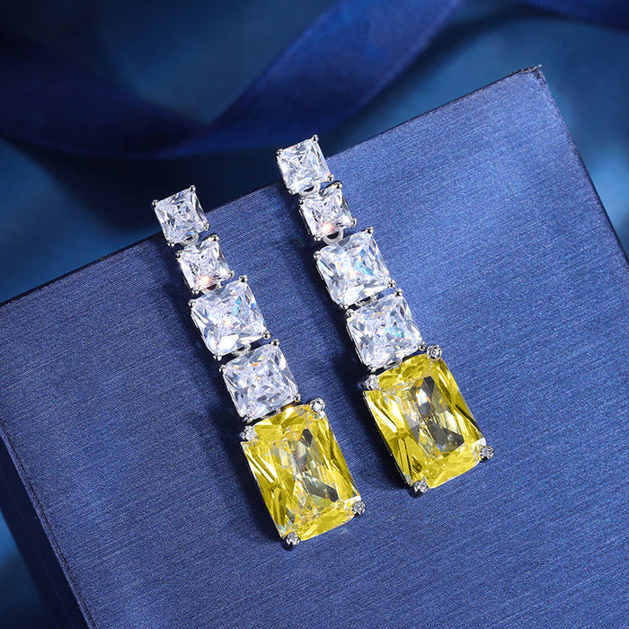 Silver-Tone Long Square Drop Earrings with Yellow or Blue Stone
