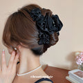 Black Ruffled Fabric Claw Hair Clip With Pearl Accent view 3