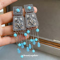 Antique Silver Blue Bead Long Tassel Earrings Statement Jewelry view 2