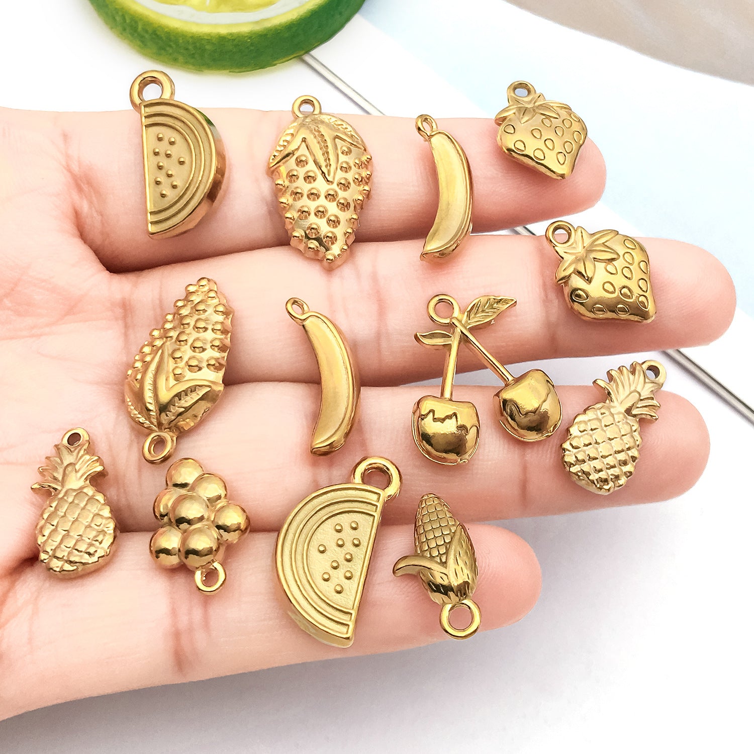 Stainless Steel Gold Cherry Strawberry Banana Fruit Charm Pendant for DIY Jewelry