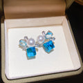 Blue and Brown Crystal Pearl Cluster Stud Earrings view 7