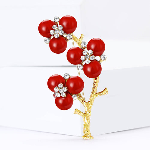Angled red plum flower pin gold branch clear rhinestone centers white block
