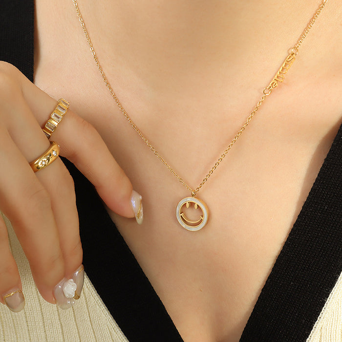 Gold White Shell Smiley Face Smile Letter Pendant Necklace