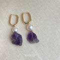 Gold Oval Huggie Pearl Raw Amethyst Stone Drop Earrings view 1
