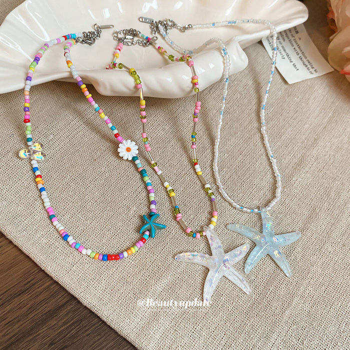 Rainbow Seed Bead Choker And Glitter Starfish Necklace