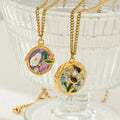 Gold Stainless Steel Enamel Floral Disc Pendant Necklace view 3