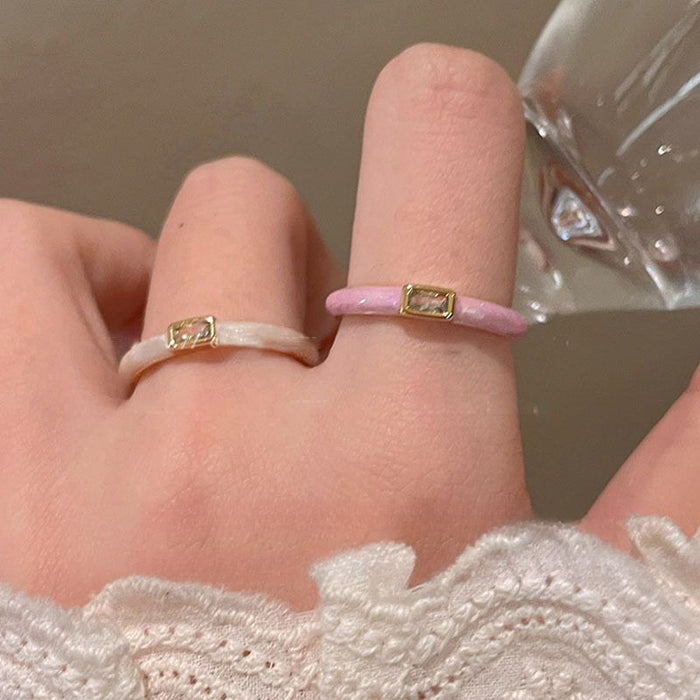 Pink White Enamel Open Ring Rectangular Clear Stone