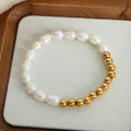 Gold Round Bead White Baroque Pearl Stretch Bracelet Beaded view 2