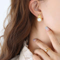 Gold Steel Irregular Open Hoop Earrings Square Crystal Accents view 3