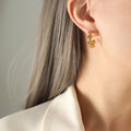 Rose Bloom C-Shaped Metal Hoop Stud Earrings Gold Steel view 7