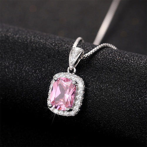 Pink cushion halo pendant necklace