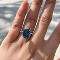 Deep Blue Rectangular Solitaire Pave Ring In Silver Tone view 2