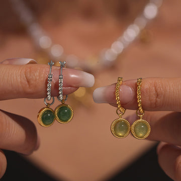 Twisted Hoop Earrings Green Agate Drop Gold Or Steel