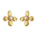 Gold Matte Brushed Four Petal Flower Studs White Pearl Center view 5