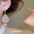 Ornate Crystal Teardrop Earrings With Pink Bead Drops view 3