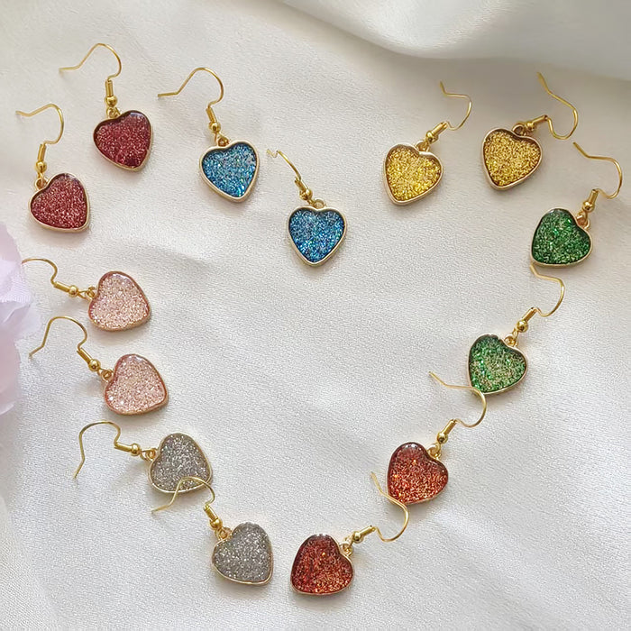 Gold Tone Glitter Heart Drop Earrings in Six Bright Colors