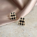 Gold Black Checker Pearl Trapezoid Stud Earrings Pair view 4