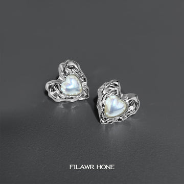 Silver Tone Liquid Ripple Heart White Pearlescent Center Stud Earrings