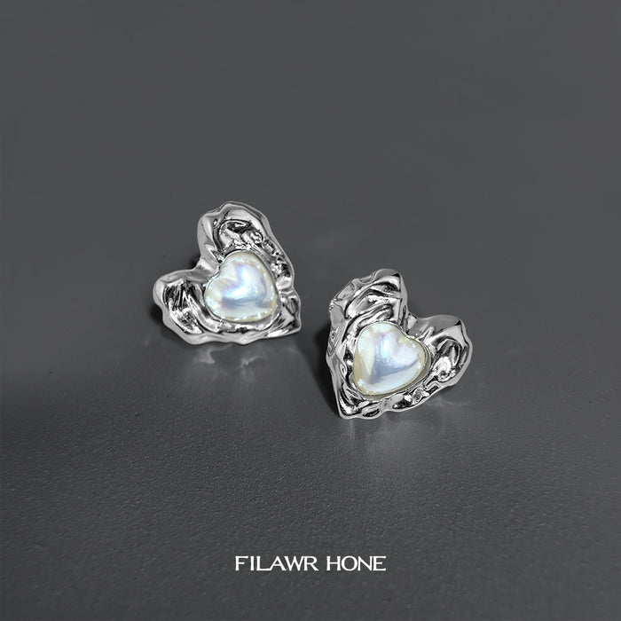 Silver Tone Liquid Ripple Heart White Pearlescent Center Stud Earrings