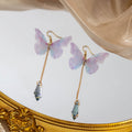 Lavender Fabric Butterfly Asymmetrical Chain Stud Earrings view 7