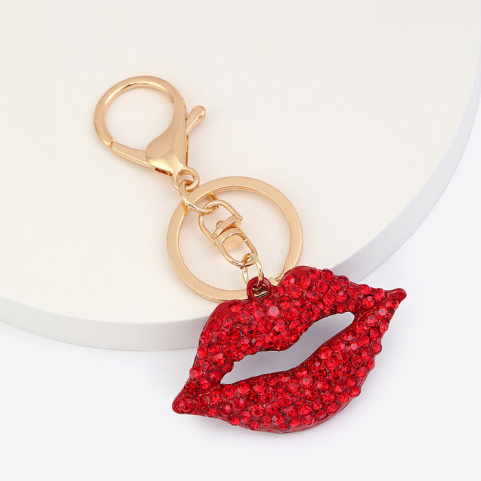 Red Rhinestone Lips Keychain Gold Clasp Open Mouth Charm