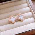 Pink and White Enamel Flower Stud Earrings in Gold Tone view 4