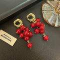 Red Bead Cluster Gold Textured Long Drop Stud Earrings view 3