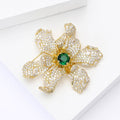 Gold Crystal Flower Brooch Green Center Stone Large Pin view 3