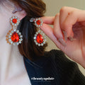 Red Teardrop Crystal Halo Short Drop Statement Earrings view 4