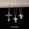 Silver Ornate Cross Pendant Necklace Fine Chain Fleur Tips view 2
